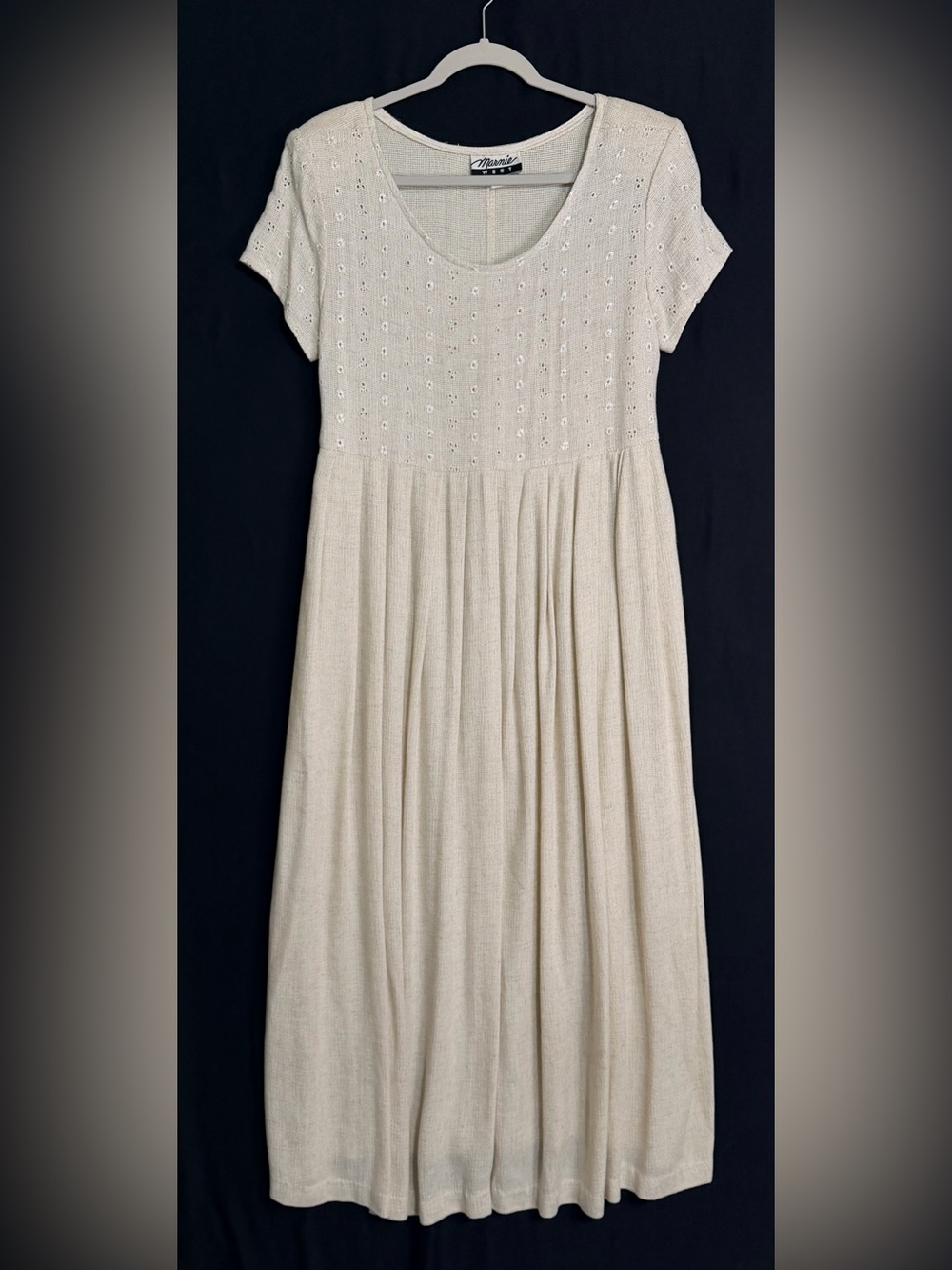 Marnie Weat Cream Flax blend Knit Maxi Dress with Eyelet Bodice VTG size 8 boho
